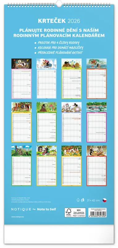 NOTIQUE Nástěnný kalendář Rodinný plánovací Krteček 2026, 21 x 42 cm