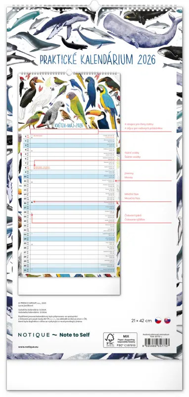 NOTIQUE Nástěnný kalendář Rodinný plánovací Animalium 2026, 21 x 42 cm