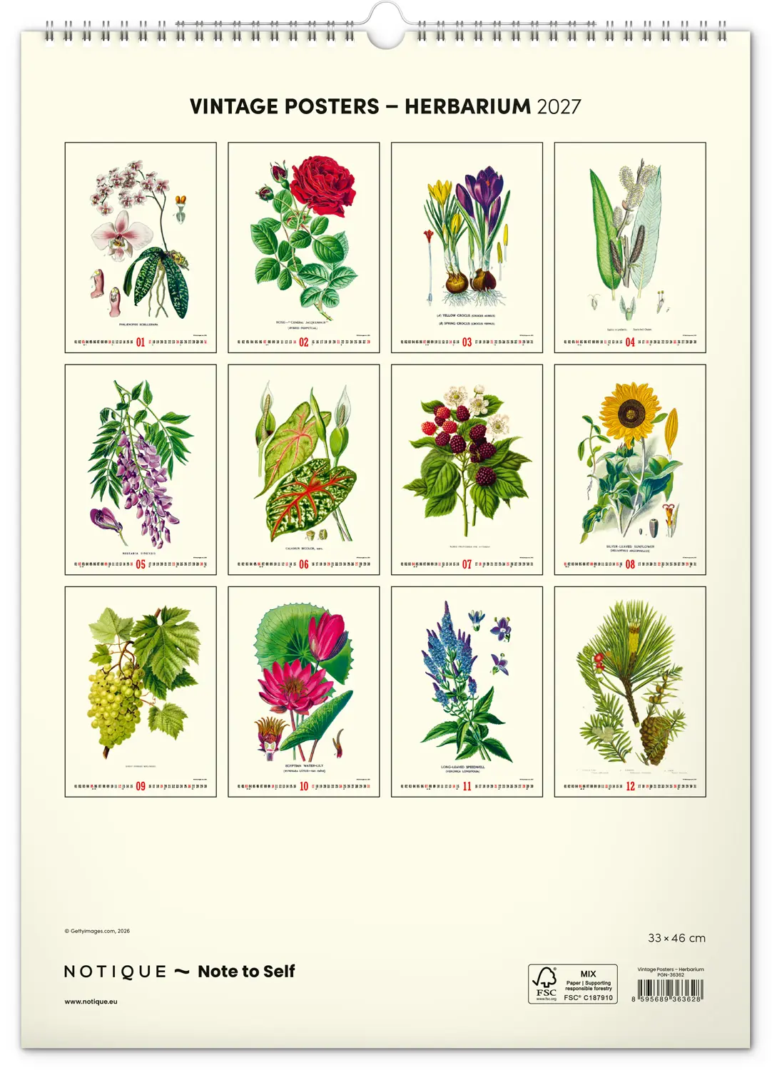 NOTIQUE Nástěnný kalendář Vintage plakáty – herbář 2027, 33 x 46 cm