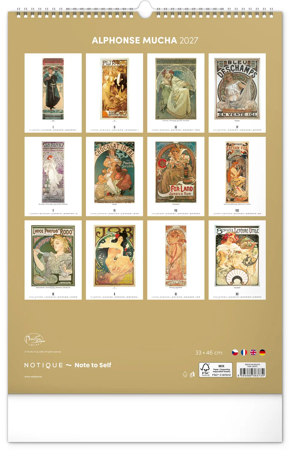 NOTIQUE Nástěnný kalendář Alfons Mucha 2027, 33 x 46 cm