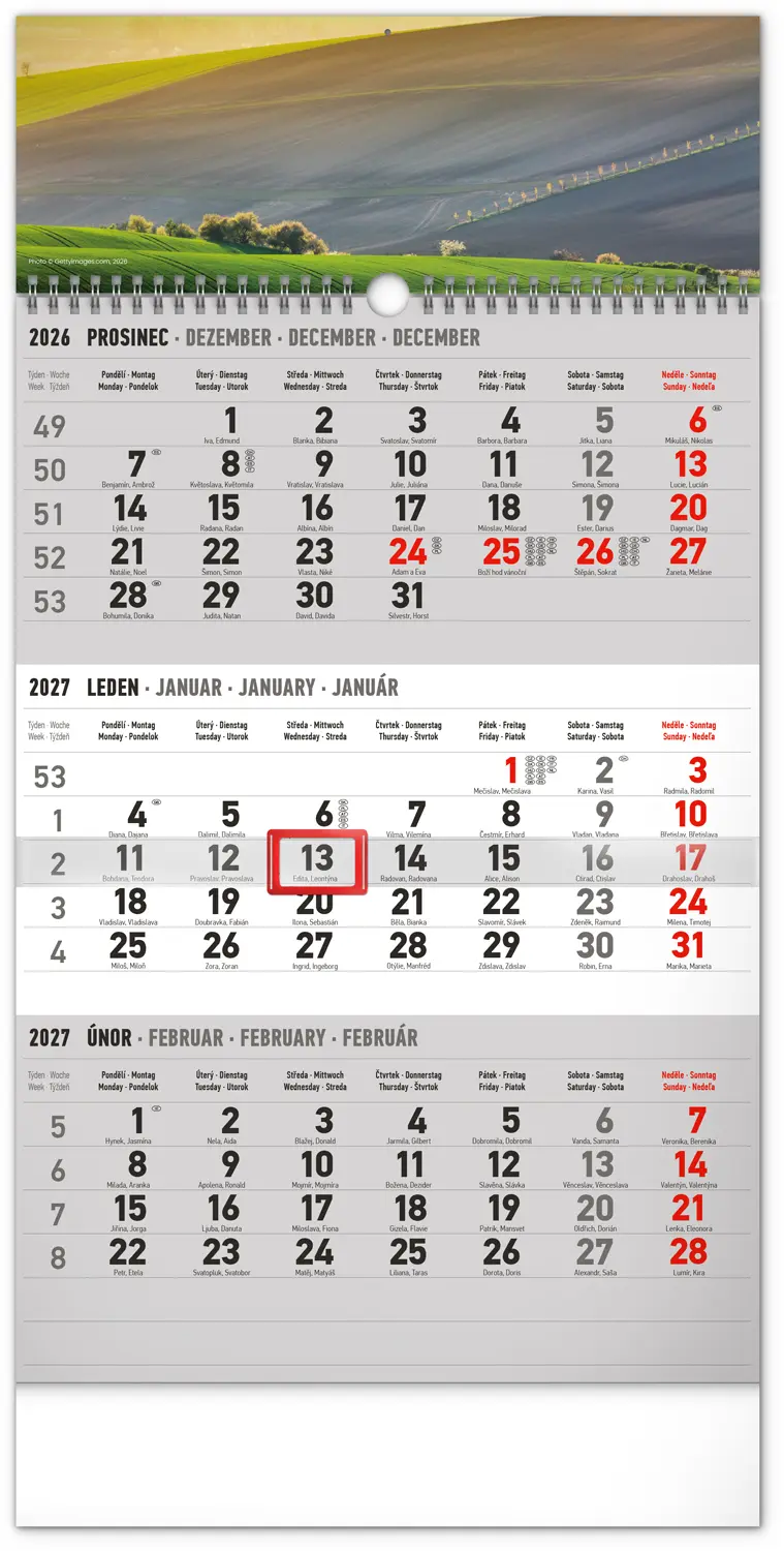 NOTIQUE Nástěnný kalendář 3měsíční Krajina šedý – s českými jmény 2027, 29,5 x 43 cm