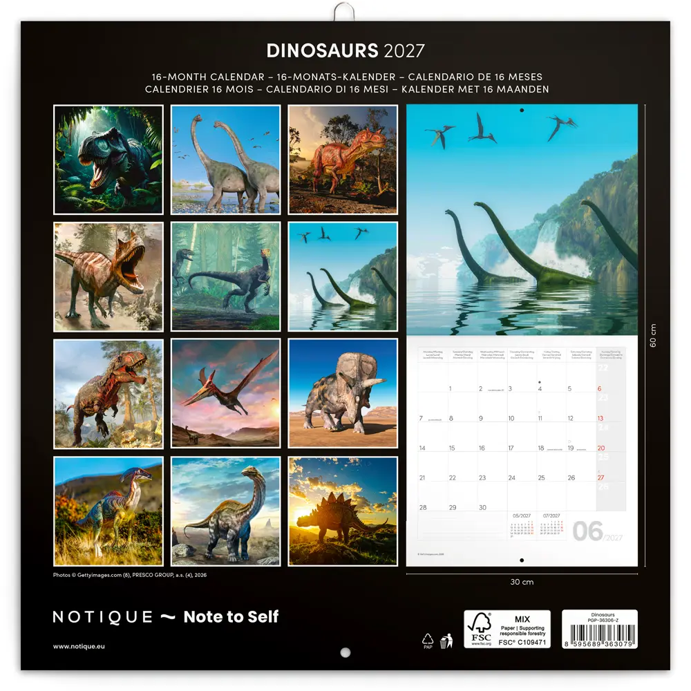 NOTIQUE Grid calendar Dinosaurs 2027, 30 x 30 cm