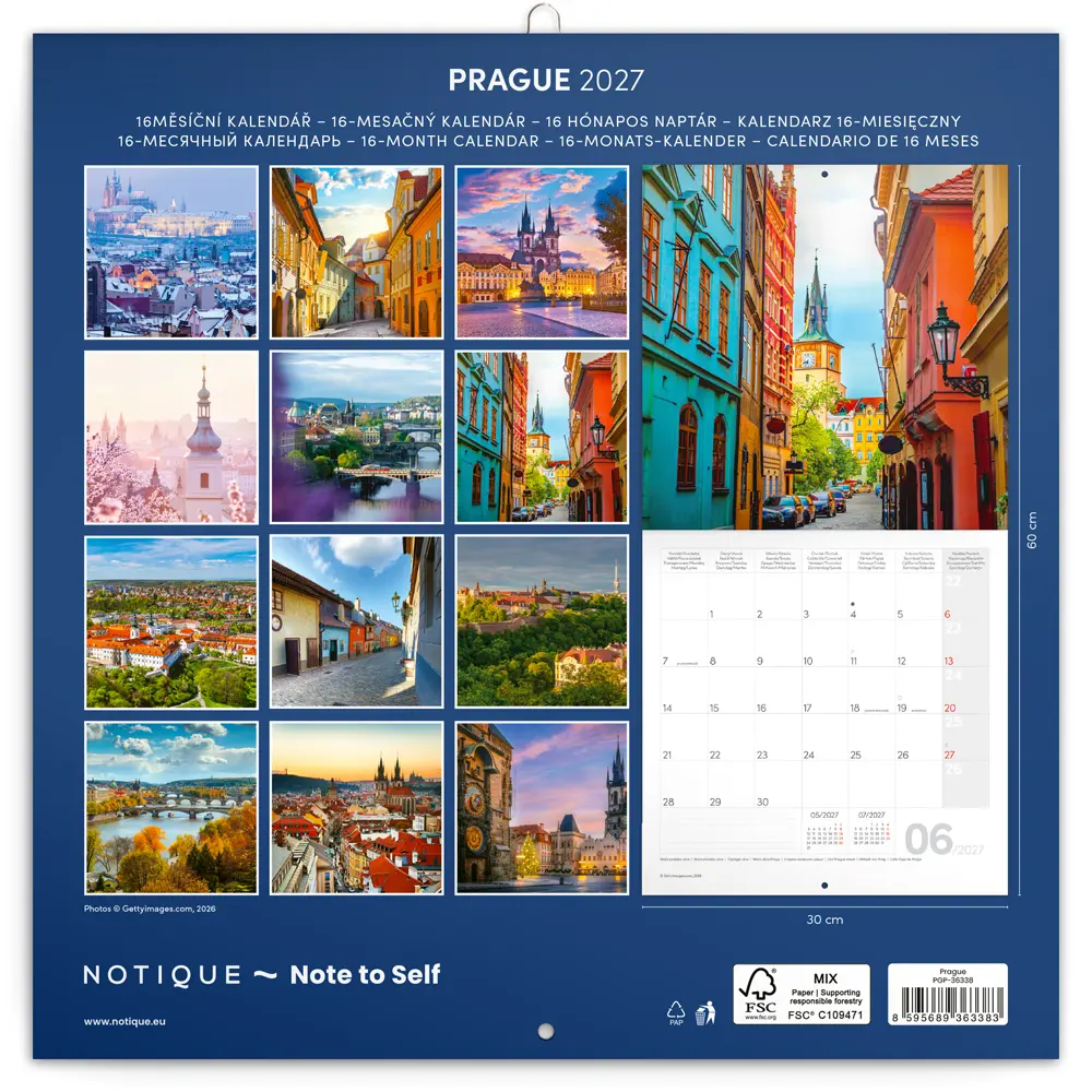 NOTIQUE Poznámkový kalendář Praha 2027, 30 x 30 cm