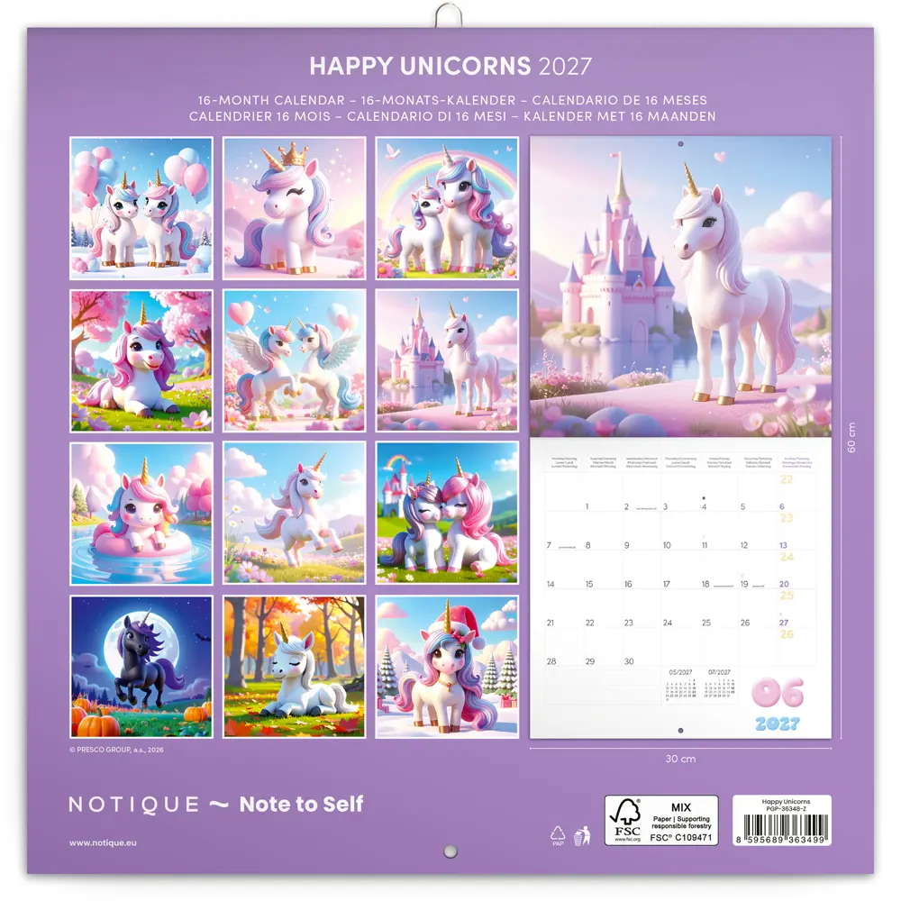 NOTIQUE Grid calendar Happy Unicorns 2027, 30 x 30 cm