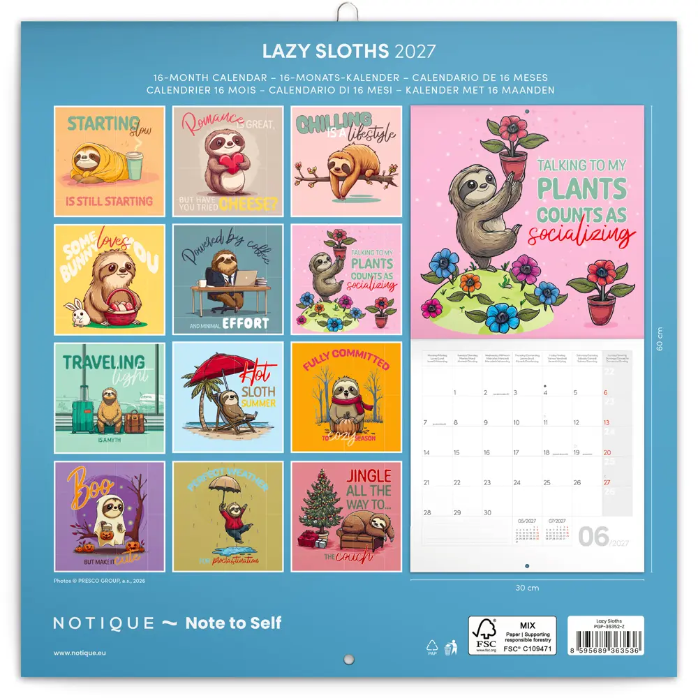 NOTIQUE Grid calendar Lazy Sloths 2027, 30 x 30 cm