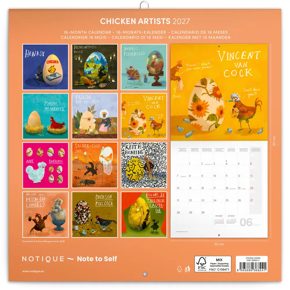NOTIQUE Grid calendar Chicken Artists 2027, 30 x 30 cm