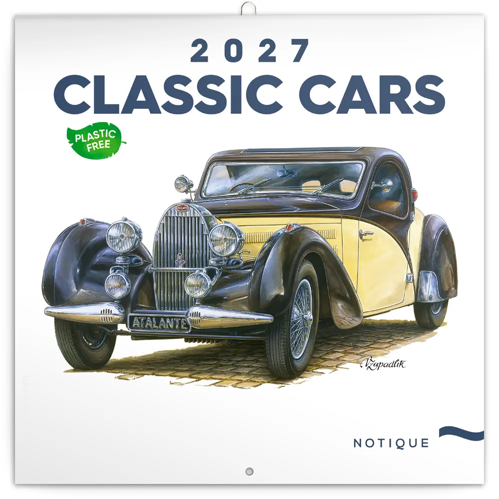 NOTIQUE Poznámkový kalendář Classic Cars – Václav Zapadlík 2027, PLASTIC FREE, 30 x 30 cm