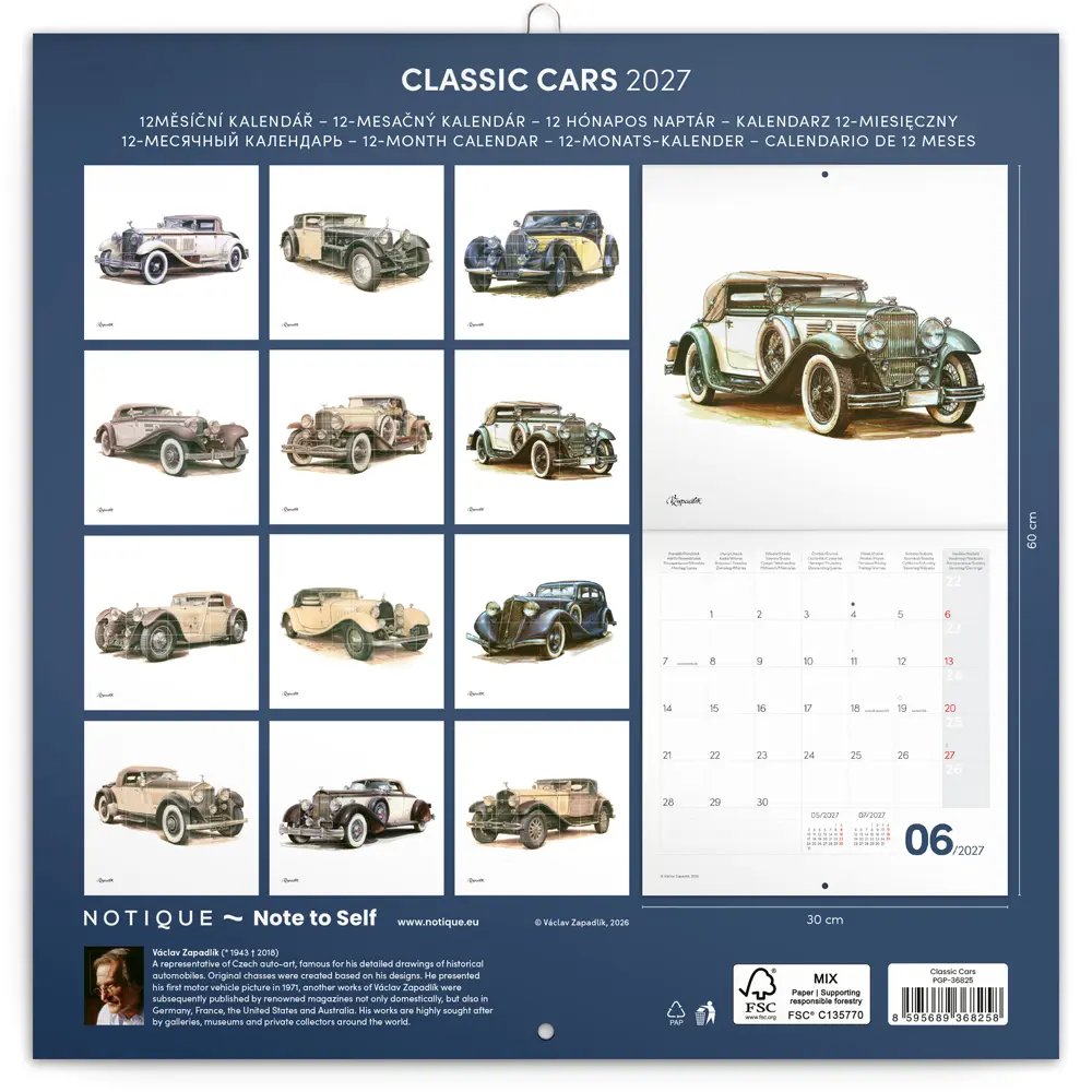 NOTIQUE Poznámkový kalendář Classic Cars – Václav Zapadlík 2027, PLASTIC FREE, 30 x 30 cm