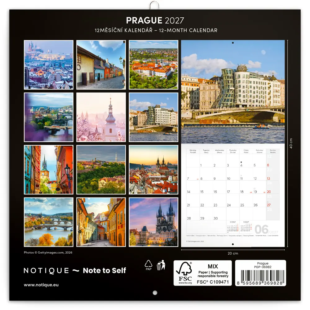 NOTIQUE Poznámkový kalendář Praha  2027, 20 x 20 cm