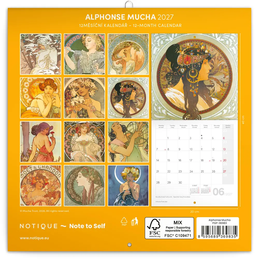 NOTIQUE Poznámkový kalendář Alfons Mucha 2027, 20 x 20 cm
