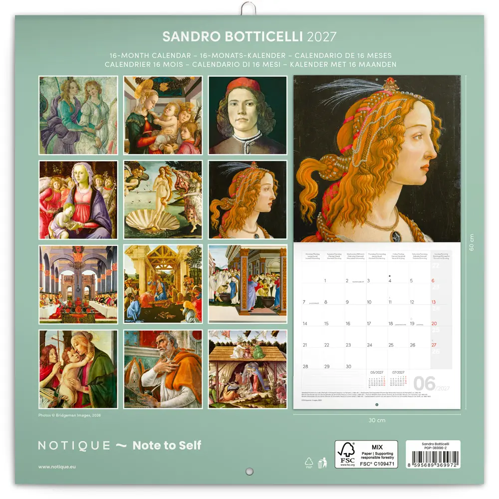 NOTIQUE Grid calendar Sandro Botticelli 2027, 30 x 30 cm