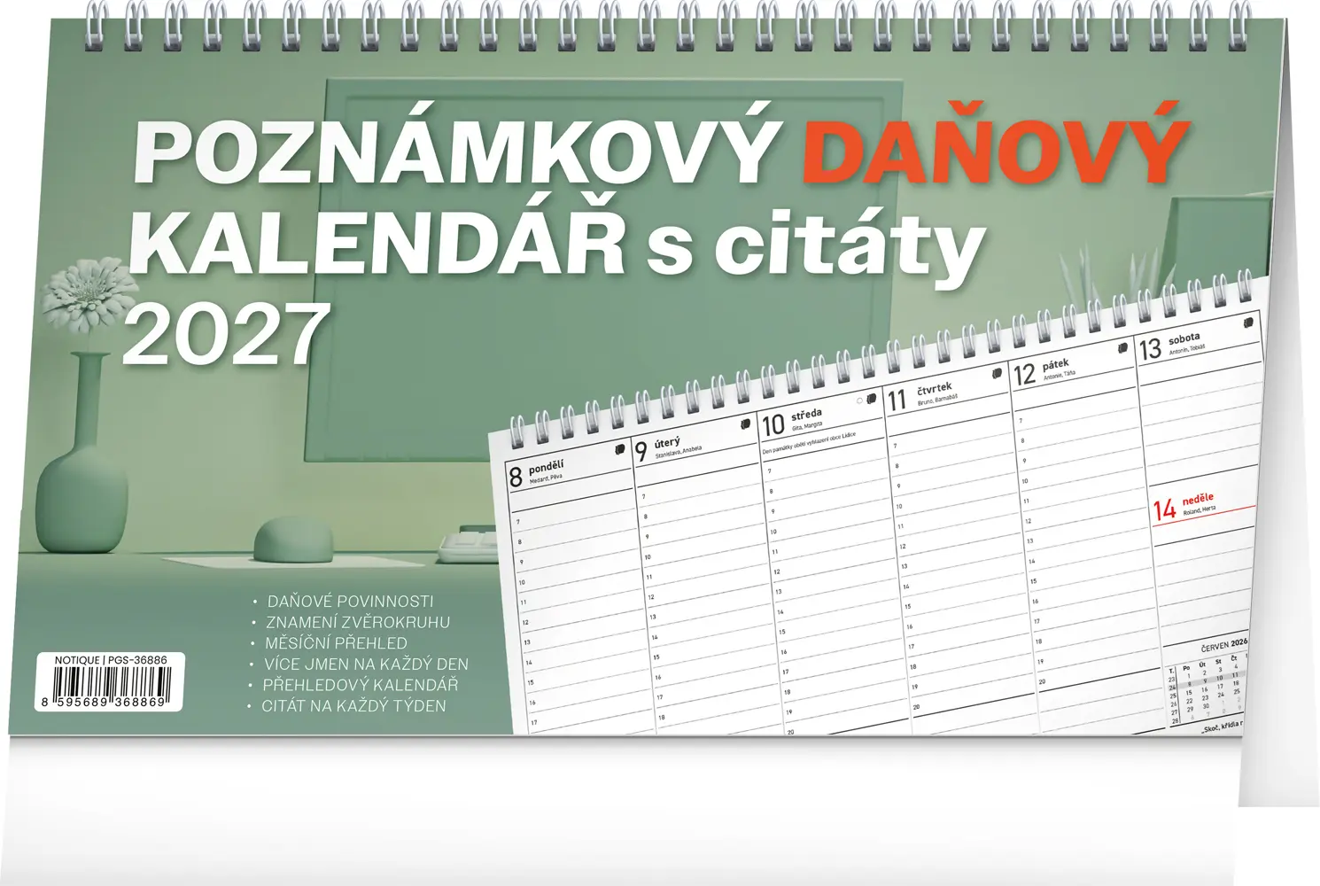 NOTIQUE Stolní kalendář Poznámkový daňový s citáty 2027, 25 x 14,5 cm