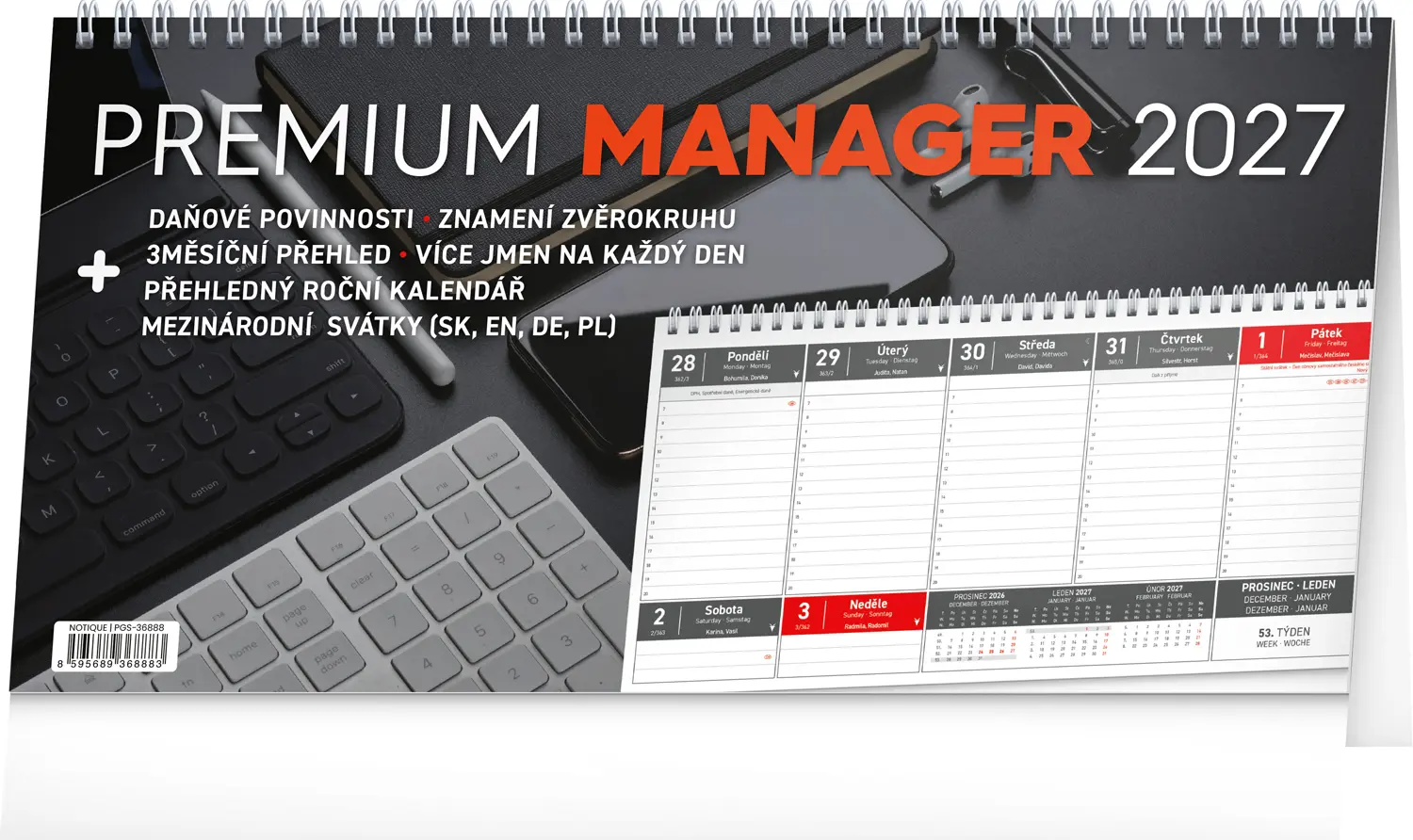 NOTIQUE Stolní kalendář Premium Manager 2027, 32 x 16 cm