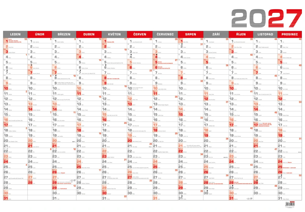 Nástěnný kalendář 2027 Nástěnný roční kalendář B1 - červený